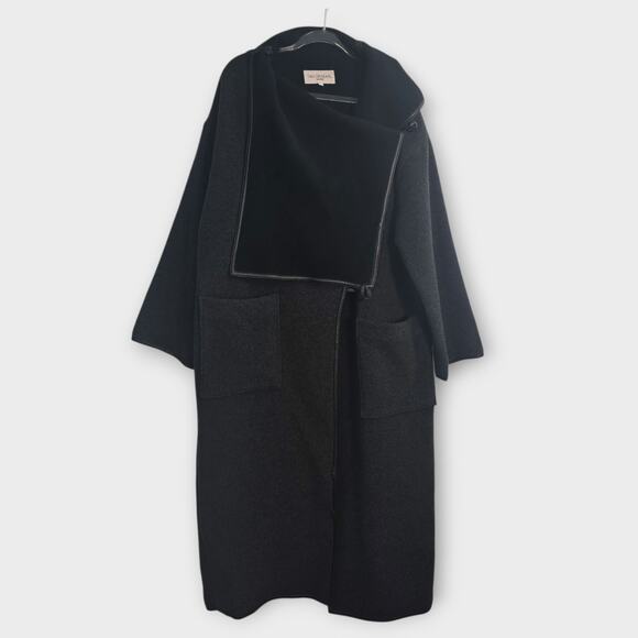 Ivan Grundahl Wool Blend Maxi Coat Asymmetric Button Faux Leather Minimalist - Picture 2 of 13